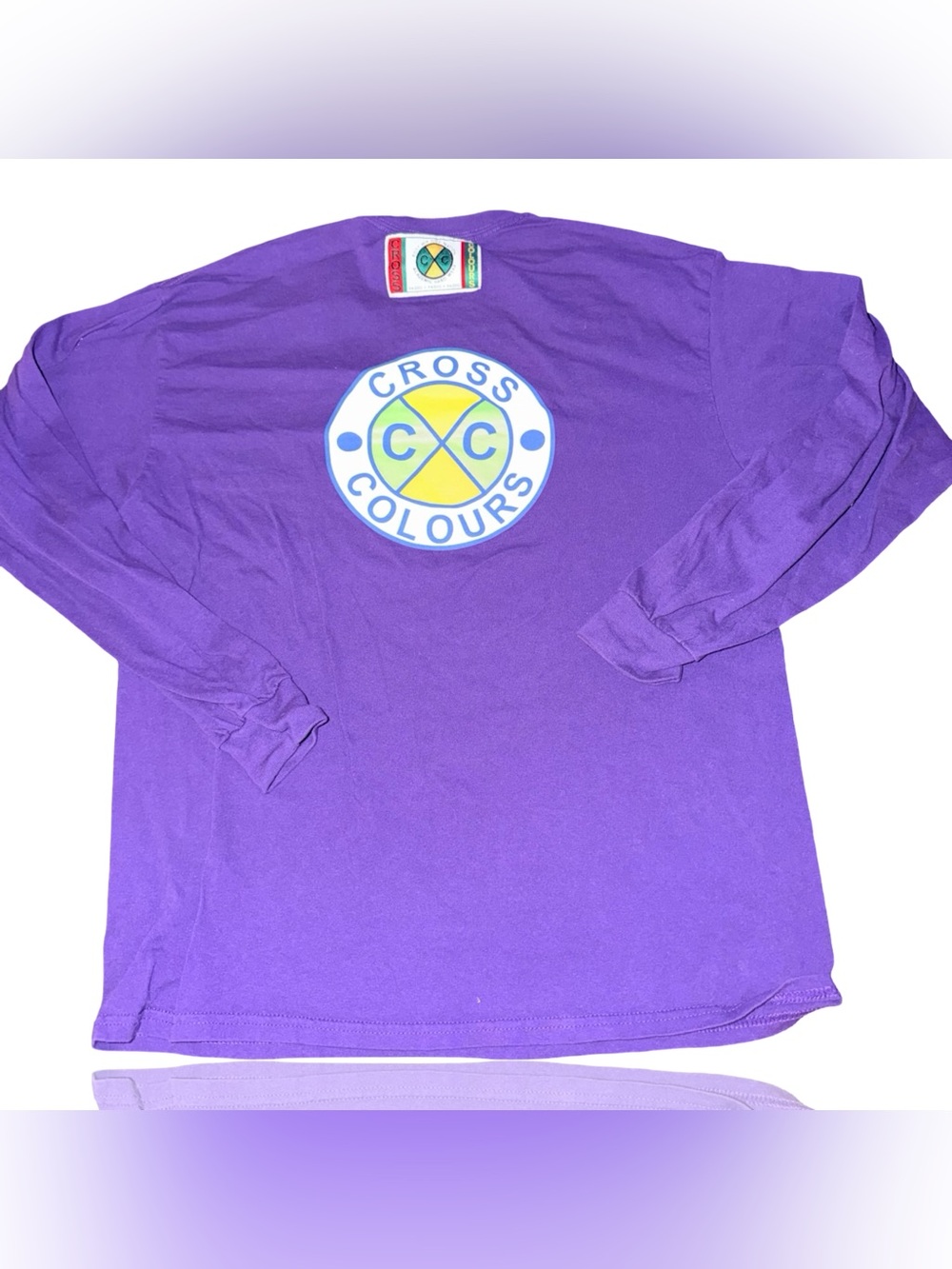 Vintage Cross Colours T-Shirt Unisex Size L Purple Long Sleeve Logo 90s